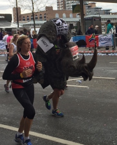 One of the many runners dressed as a rhino